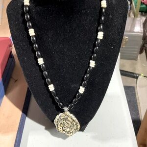 Black and Cream Beaded Necklace with Dalmatian Stone Pendant